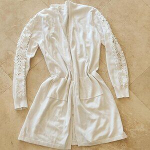 Exquisite Ember Sz M Women's Dressy Long White Cardigan Delicate Floral Beaded